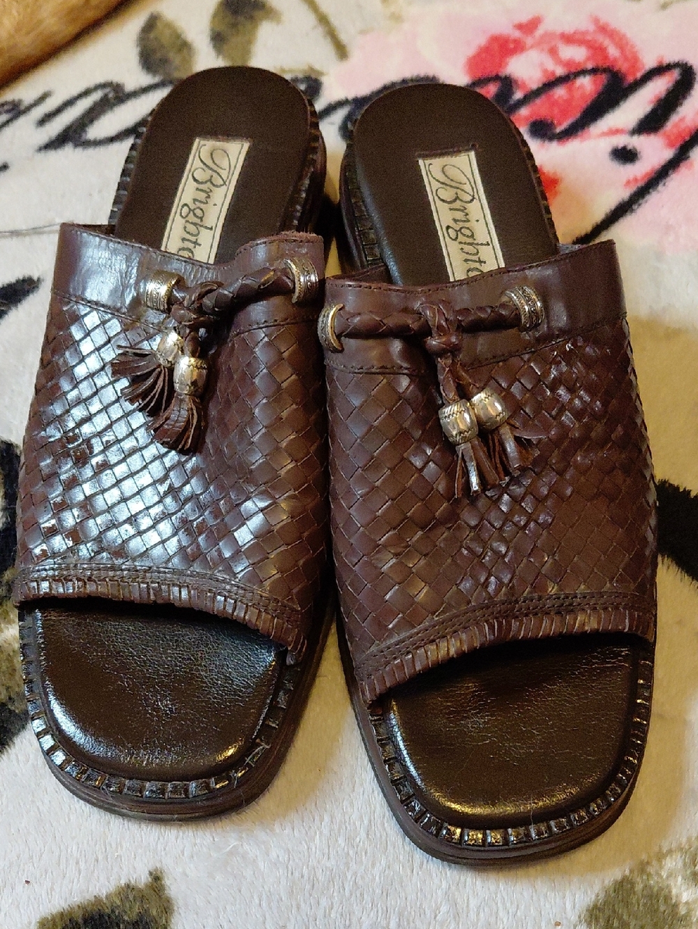 Brighton Brown Woven Leather with Silver Accents Tassel Slide Mules